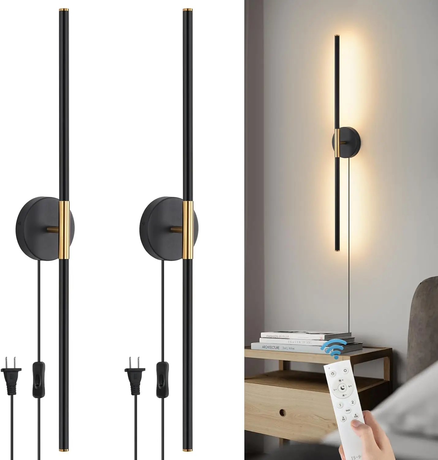 Plug in LED Wall Sconces Set of Two, 3000K-6000K Dimmable Modern LED Wall Lights with Remote 360°Rotate Black Gold Wall Mounted
Plug in LED Wall Sconces Set of Two, 3000K-6000K Dimmable Modern LED Wall Lights with Remote 360°Rotate Black Gold Wall Mounted