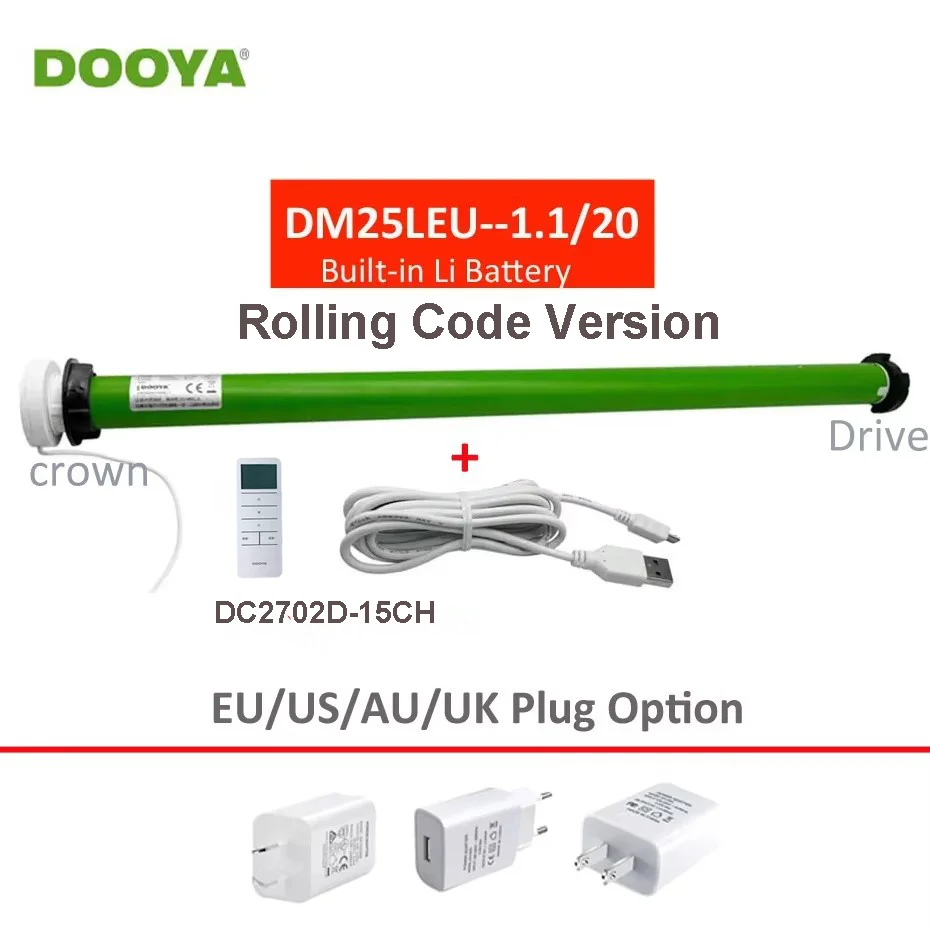 Dooya DM25LEU EU/US/AU/UK Plug Tubular Motor Lithium Battery,Built-in Receiver,RF433 Remote Control 38mm Tube for Rolling Blind
Dooya DM25LEU EU/US/AU/UK Plug Tubular Motor Lithium Battery,Built-in Receiver,RF433 Remote Control 38mm Tube for Rolling Blind