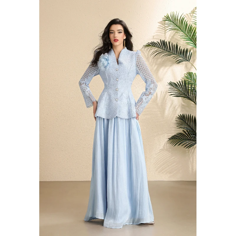 Hollow Out Lace Two Piece Set Women V Neck 3D Floral Appliqué Peplum Tops + Chiffon Full Length Skirt Formal Matching Suit
Hollow Out Lace Two Piece Set Women V Neck 3D Floral Appliqué Peplum Tops + Chiffon Full Length Skirt Formal Matching Suit