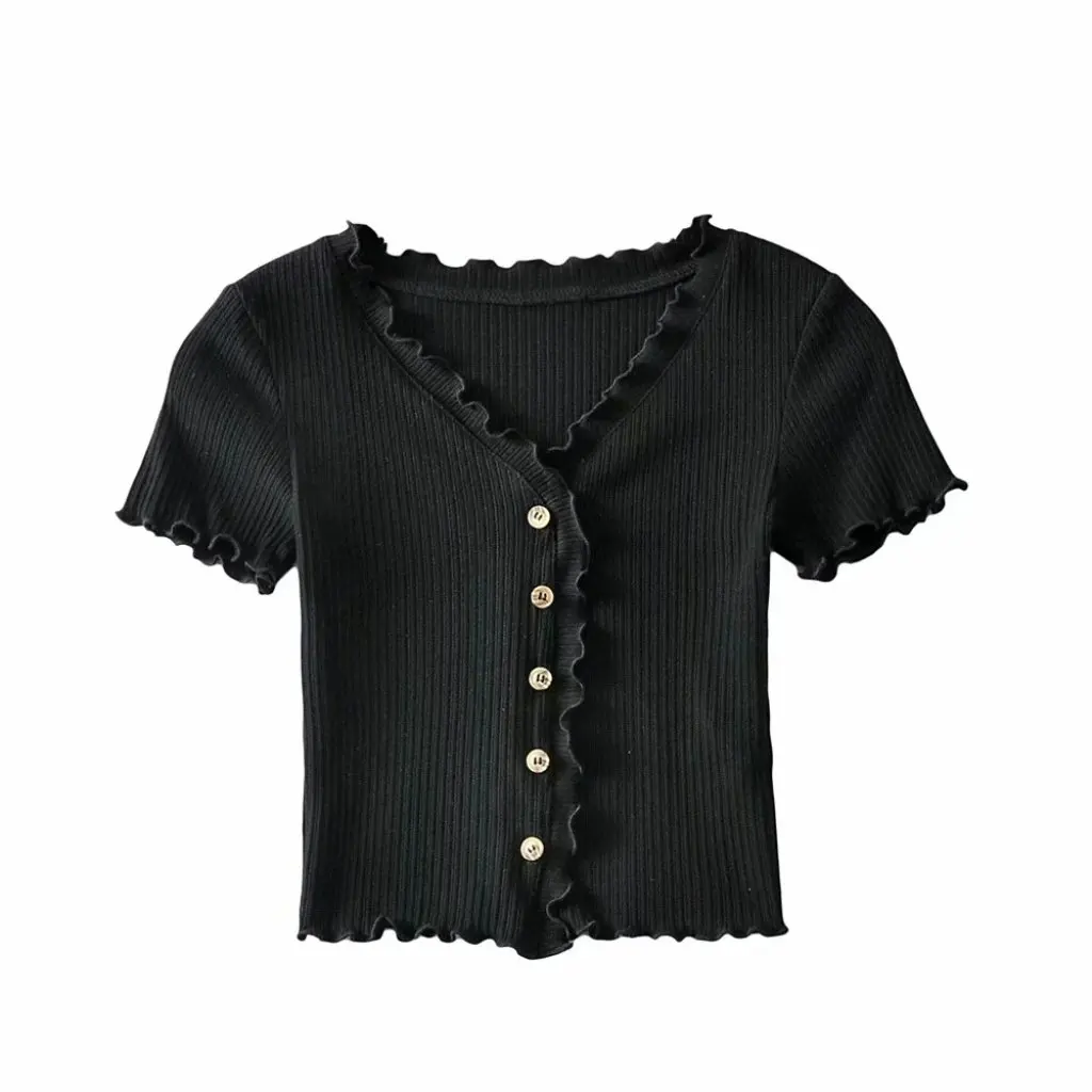 Women's Solid Color V-neck Cardigan Single-breasted Knitted Short-sleeved Summer Trendy Top Sexy Short T-shirt
Women's Solid Color V-neck Cardigan Single-breasted Knitted Short-sleeved Summer Trendy Top Sexy Short T-shirt