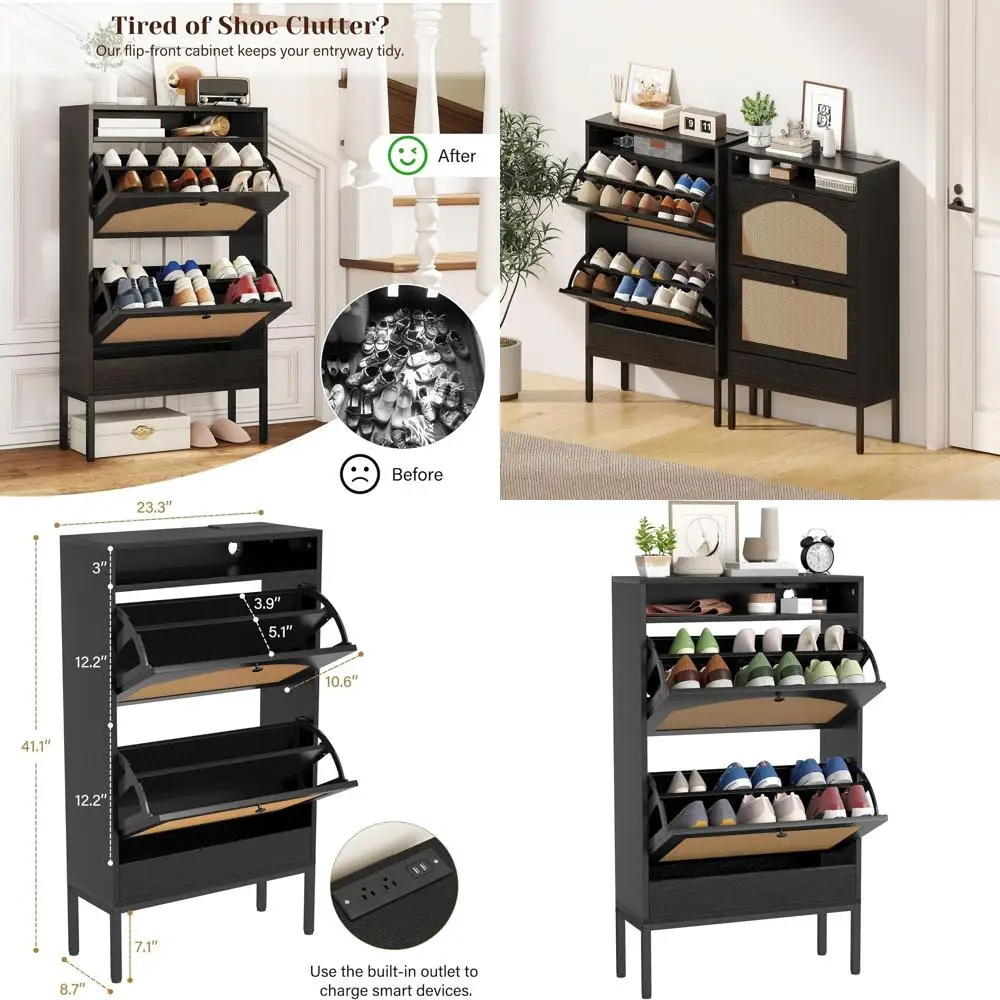 Space-Saving Shoe Storage Cabinet with 2 Rattan Drawers and Built-in Power Strip for Entryway, Black
Space-Saving Shoe Storage Cabinet with 2 Rattan Drawers and Built-in Power Strip for Entryway, Black