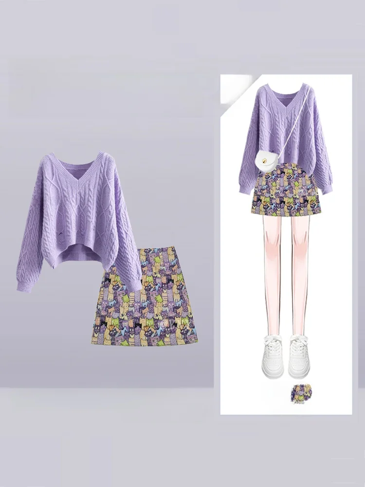 Elegant Purple V-Neck Knitwear Sweater Women's New Style A-Line Skirt Short Skirt Two-Piece Set Autumn Design Fashionable
Elegant Purple V-Neck Knitwear Sweater Women's New Style A-Line Skirt Short Skirt Two-Piece Set Autumn Design Fashionable