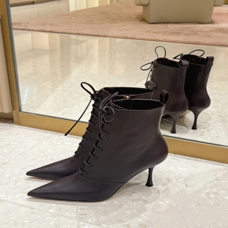 Модные ботинки на шпильке с острым носком, женские ботильоны на шнуровке, новые 
Модные ботинки на шпильке с острым носком, женские ботильоны на шнуровке, новые