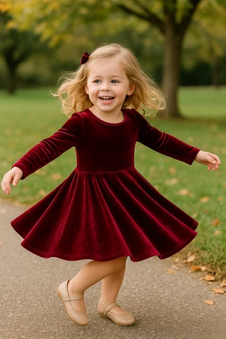Vestido de terciopelo de manga larga rojo de color sólido con cuello redondo a la moda de fiesta europea y americana de otoño e invierno para niñas de Navidad