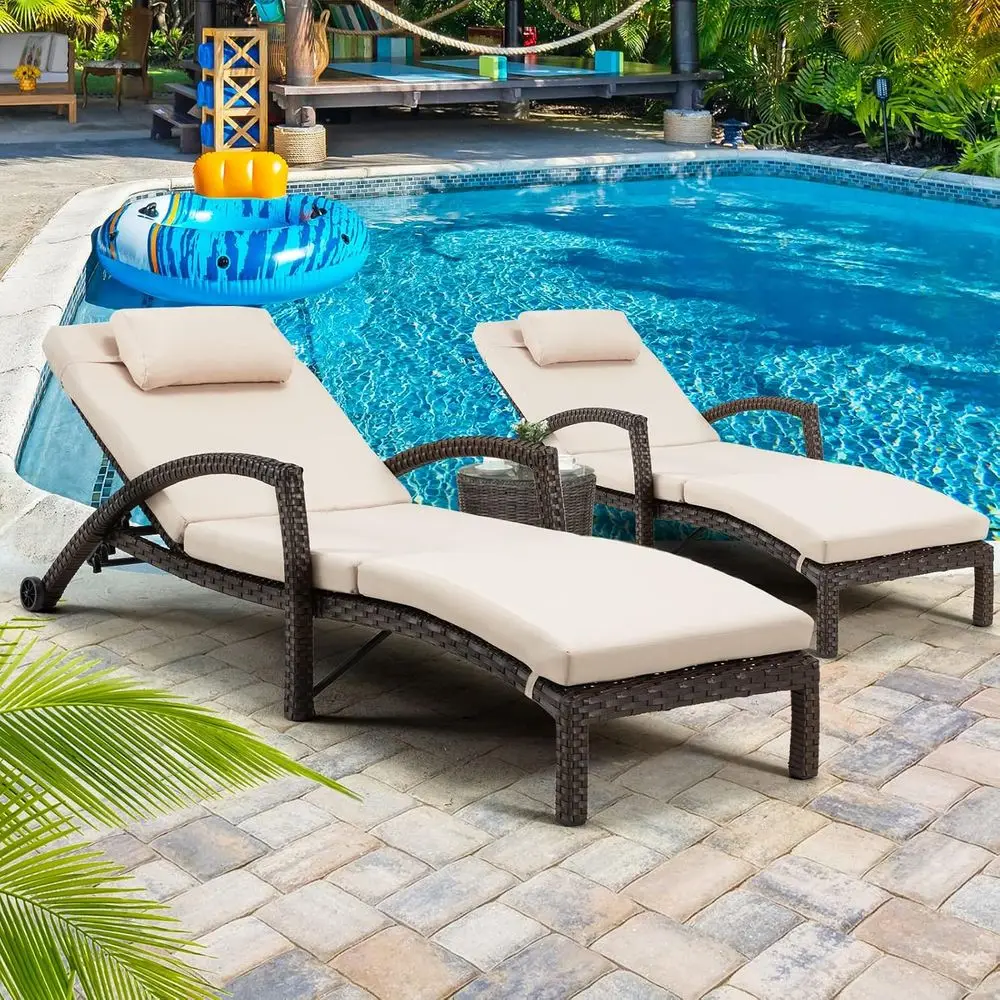 2-Piece Outdoor Adjustable 5-Position Rattan Patio Lounge Chairs with Cushions, Pillows, and Wheels, Ideal for Poolside, Backyar
2-Piece Outdoor Adjustable 5-Position Rattan Patio Lounge Chairs with Cushions, Pillows, and Wheels, Ideal for Poolside, Backyar