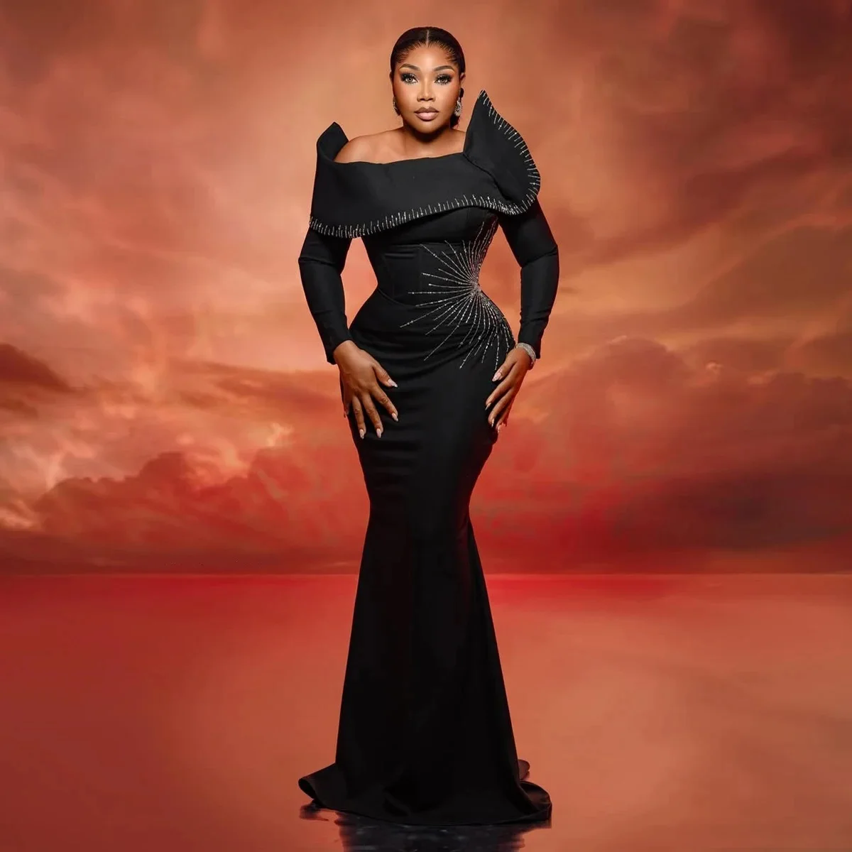 Elegant Black Mermaid Prom Dress with Handmade Embroidery Beading Women's Dress 3D Off Shoulder African Formal Party Dresses
Elegant Black Mermaid Prom Dress with Handmade Embroidery Beading Women's Dress 3D Off Shoulder African Formal Party Dresses