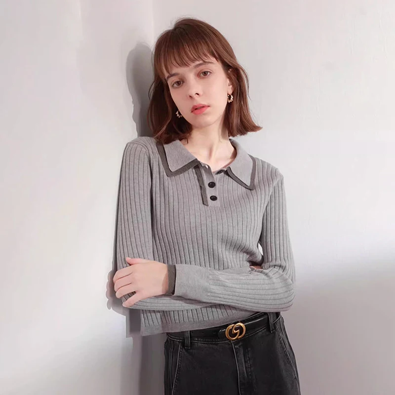 Elegant Women Sweater Grey Polo Collar Long Sleeve Office Lady Knitted Pullover Tops
Elegant Women Sweater Grey Polo Collar Long Sleeve Office Lady Knitted Pullover Tops