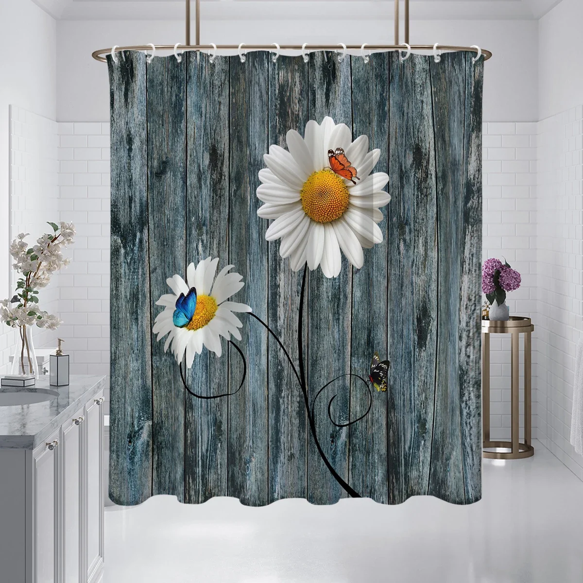 1 piece of 180x180cm wooden board with daisy pattern printed shower curtain partition, waterproof and mold resistant
1 piece of 180x180cm wooden board with daisy pattern printed shower curtain partition, waterproof and mold resistant