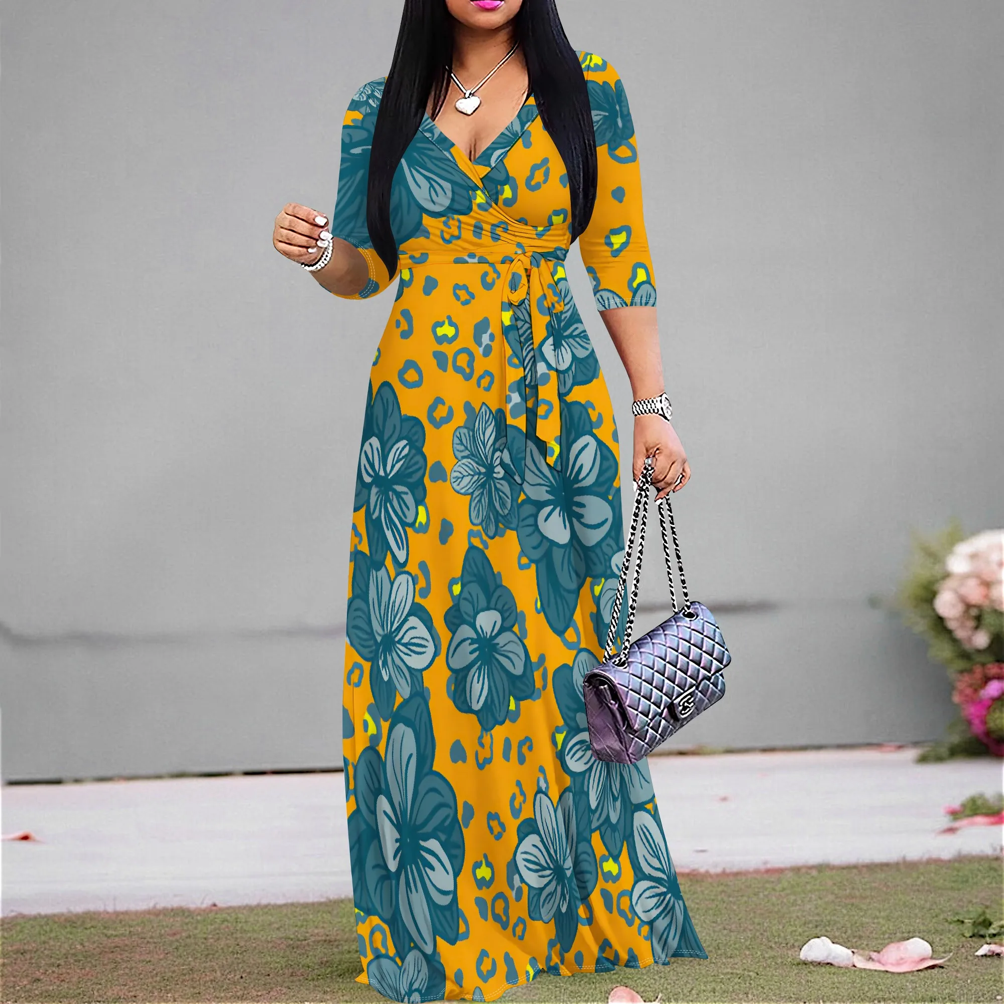 Yellow Floral Wrap Maxi Dress S-3XL – V-Neck Long Dress with Blue Flower & Leopard Print for Summer Events
Yellow Floral Wrap Maxi Dress S-3XL – V-Neck Long Dress with Blue Flower & Leopard Print for Summer Events