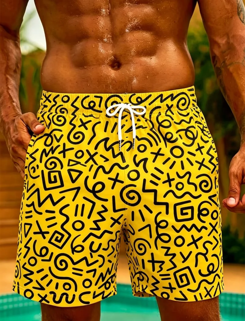 Men's graffiti line printed beach shorts, drawstring quick drying beach shorts, suitable for beach, surfing, and summer wear
Men's graffiti line printed beach shorts, drawstring quick drying beach shorts, suitable for beach, surfing, and summer wear