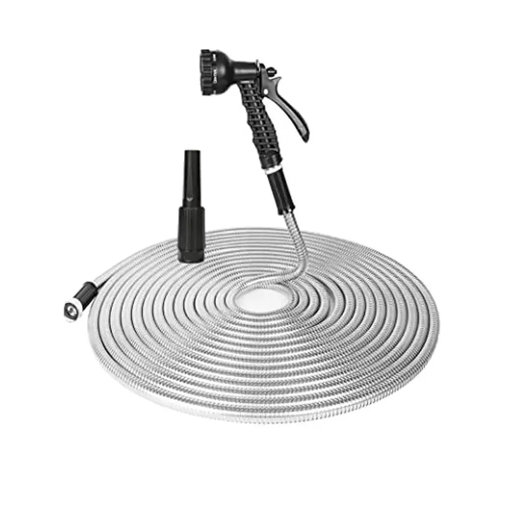 100FT Stainless Steel Metal Water Hose with 2 Nozzles High Pressure Flexible Tangle Free Kink Free Heavy Duty Lightweight Cool 
100FT Stainless Steel Metal Water Hose with 2 Nozzles High Pressure Flexible Tangle Free Kink Free Heavy Duty Lightweight Cool