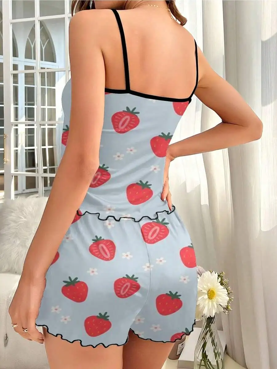 Womens Strawberry Print Pajama Set With White Flowers On Light Blue Background Two Piece Polyester Camisole And Shorts
Womens Strawberry Print Pajama Set With White Flowers On Light Blue Background Two Piece Polyester Camisole And Shorts