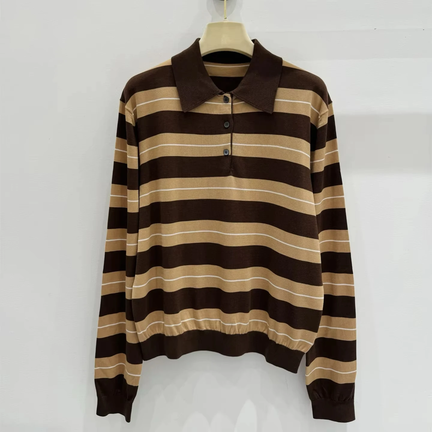 Designer Brand Spring Summer Striped Turn-down Collar Long Sleeve Knitted T-Shirt Vintage Casual Basics Loose Female Clothes
Designer Brand Spring Summer Striped Turn-down Collar Long Sleeve Knitted T-Shirt Vintage Casual Basics Loose Female Clothes