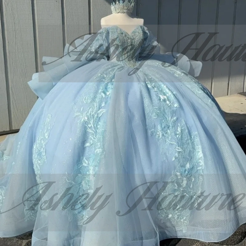 Customized Luxury Sky Blue Quinceanera Dresses Ball Gown Crystal Beading Bowknot Sweep Train Women Prom Birthday Party Dress 15
Customized Luxury Sky Blue Quinceanera Dresses Ball Gown Crystal Beading Bowknot Sweep Train Women Prom Birthday Party Dress 15
