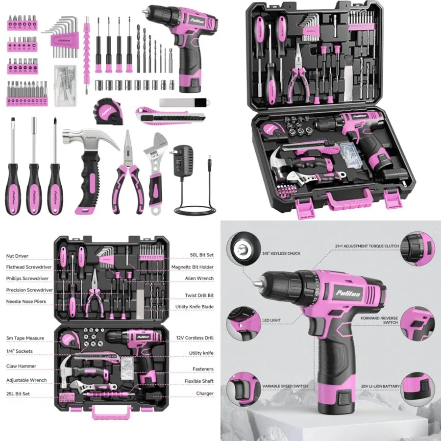 Drill Set, 149-Piece Home Tool Set with 12V Pink Cordless Drill, Tool Box, Hand Tool Kits for Women & Men and DIY Enthusiasts, for Home Improvement
Drill Set, 149-Piece Home Tool Set with 12V Pink Cordless Drill, Tool Box, Hand Tool Kits for Women & Men and DIY Enthusiasts, for Home Improvement
