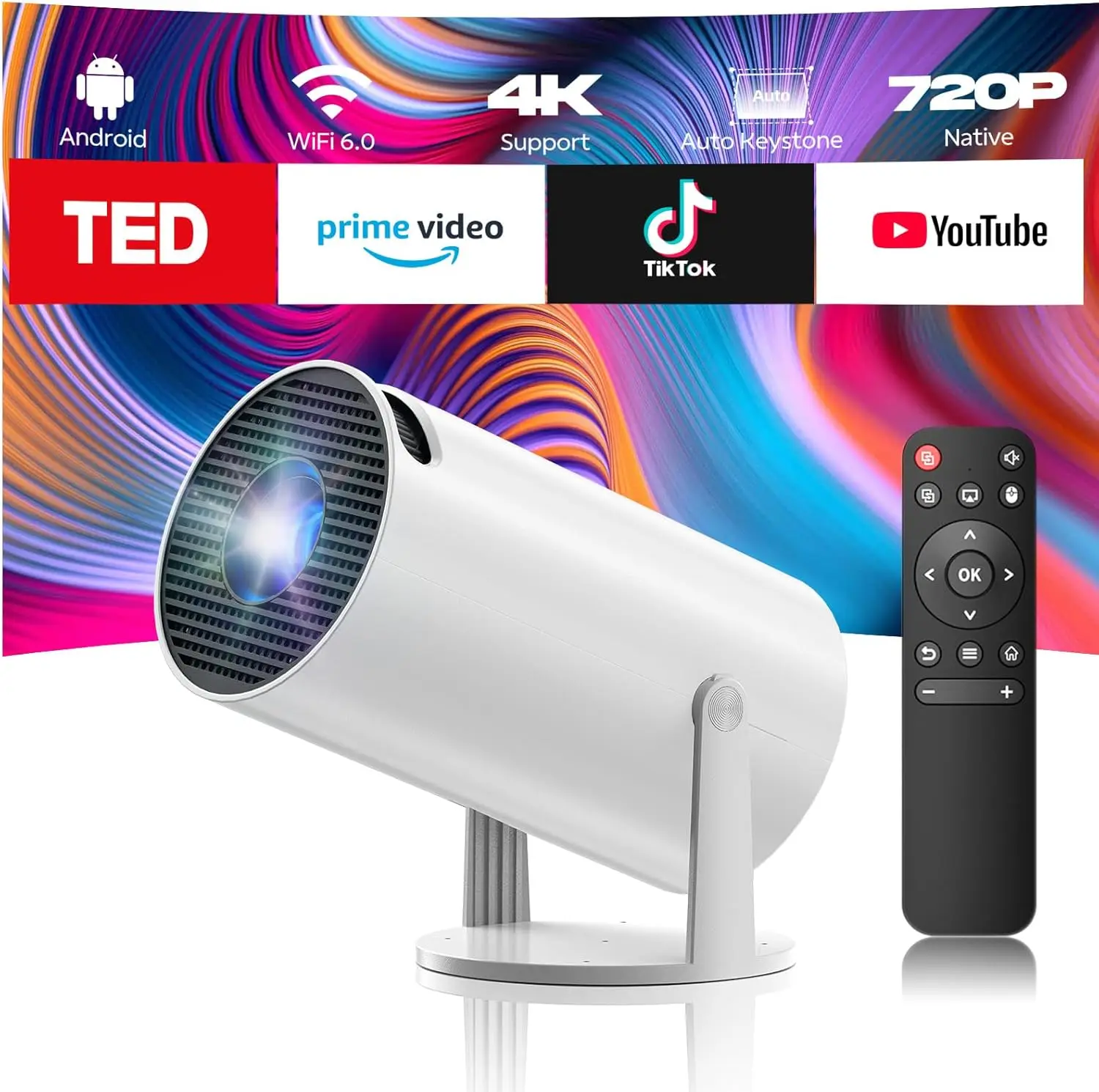 Mini Projector 4K 1080P, WiFi 6 Bluetooth 5.0, 220° Rotatable, Auto Keystone, 130'' Screen, Portable for Home Theater
Mini Projector 4K 1080P, WiFi 6 Bluetooth 5.0, 220° Rotatable, Auto Keystone, 130'' Screen, Portable for Home Theater