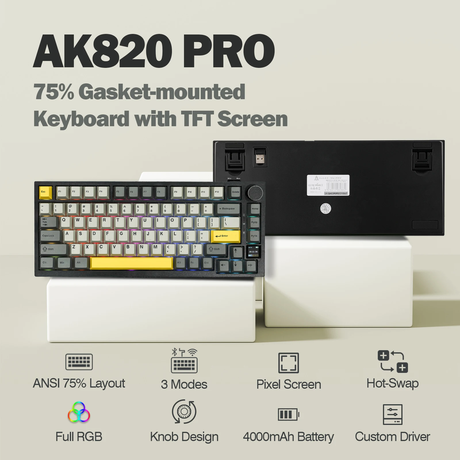 Custom Ajazz AK820 Pro 75 Gasket Mounted Bluetooth 5.1 2.4G Wireless Wired Mechanical Keyboard with TFT Screen for Mac Win Gift
Custom Ajazz AK820 Pro 75 Gasket Mounted Bluetooth 5.1 2.4G Wireless Wired Mechanical Keyboard with TFT Screen for Mac Win Gift