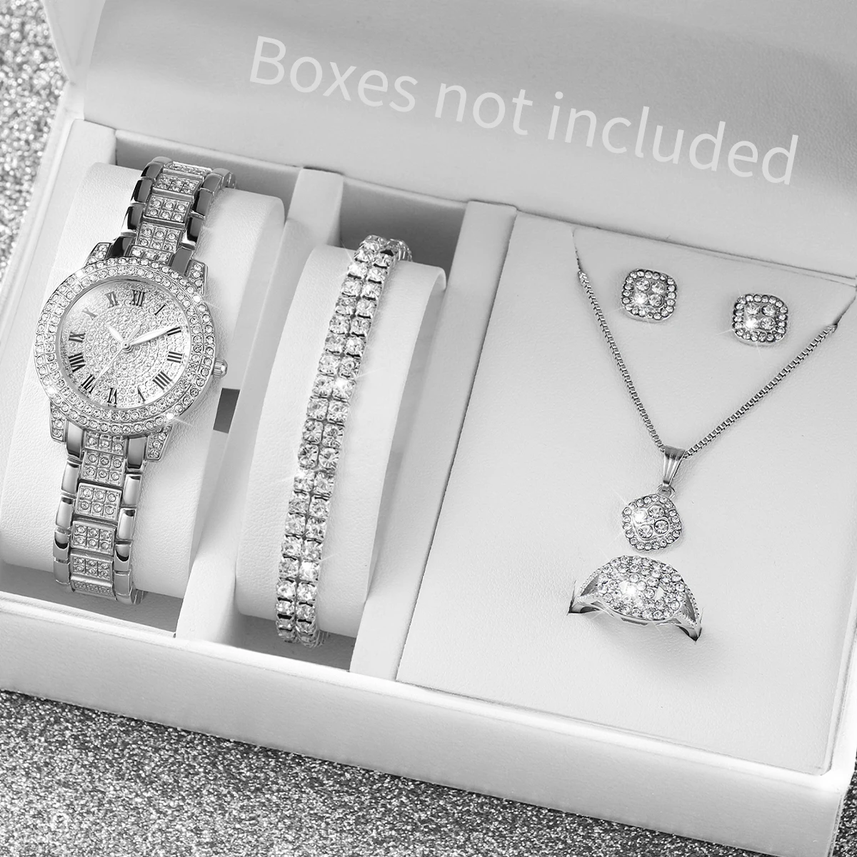 Full diamond silver shell Roman dial women's steel strap watch square rhinestone jewelry five piece set, not including gift box
Full diamond silver shell Roman dial women's steel strap watch square rhinestone jewelry five piece set, not including gift box