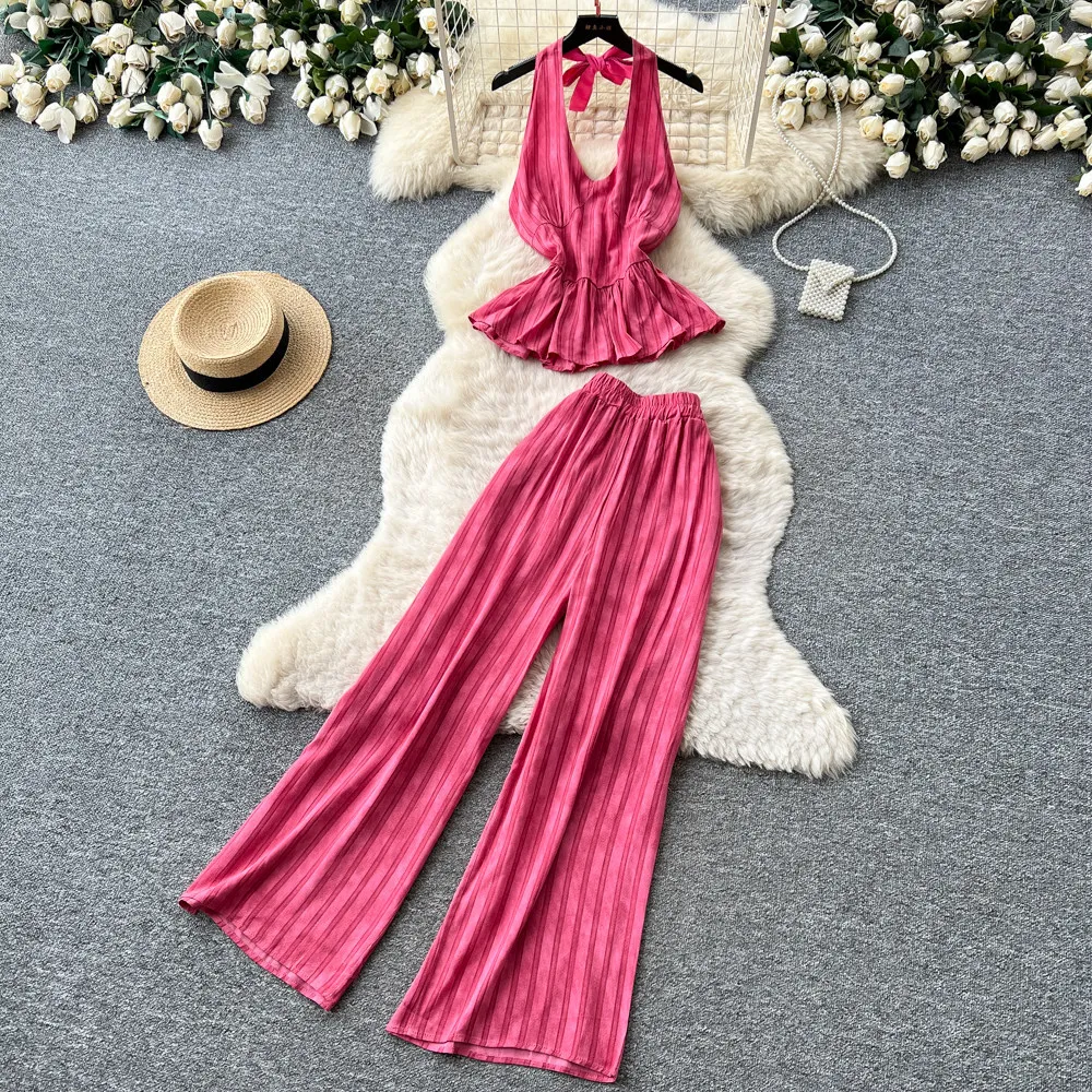 Pant Set Women Two Piece Sets Halter Sleeveless Sexy Tops Wide Leg Long Pants Elastic Waist Y2k Streetwear Elegant Beach Casual
Pant Set Women Two Piece Sets Halter Sleeveless Sexy Tops Wide Leg Long Pants Elastic Waist Y2k Streetwear Elegant Beach Casual