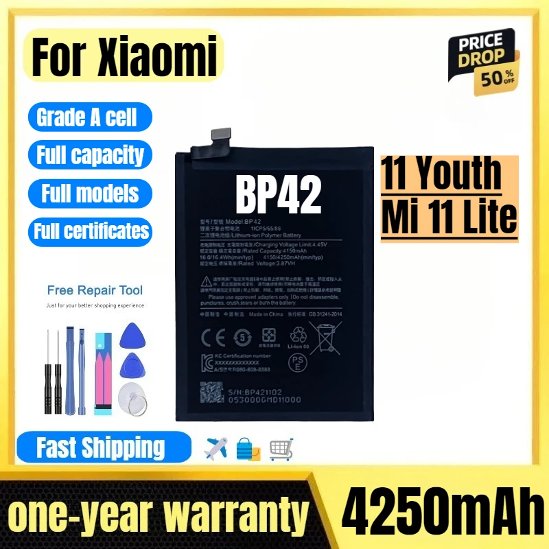 BP42 for Xiaomi 11 Youth/Mi 11 Lite Mobile Phone Battery High Quality High Capacity Replacement Bateria Grade A Cell with Tools
BP42 for Xiaomi 11 Youth/Mi 11 Lite Mobile Phone Battery High Quality High Capacity Replacement Bateria Grade A Cell with Tools