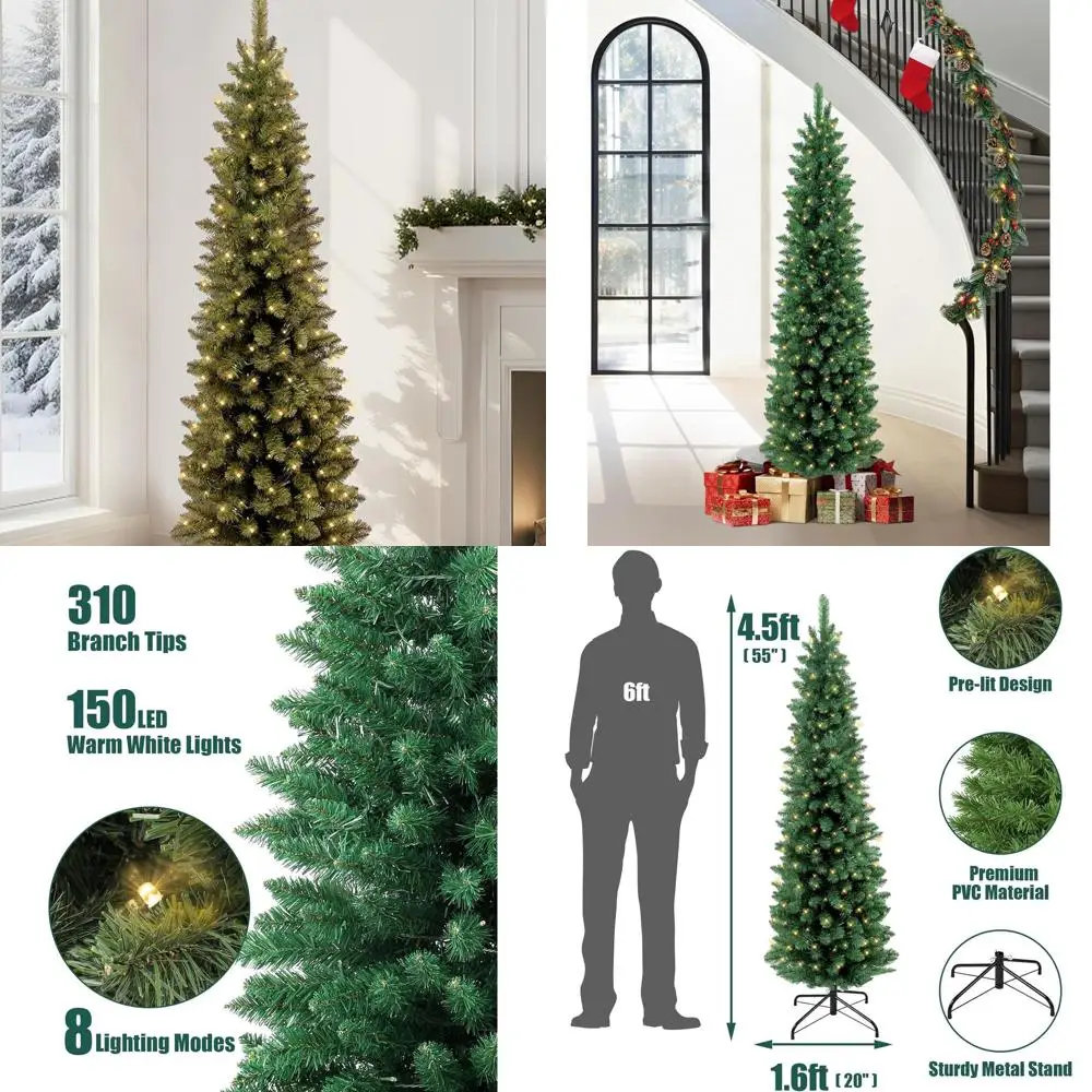 4.5ft Slim Pre-Lit Fir Artificial Christmas Tree, 310 Tips, 150 Warm Lights, Metal Hinges & Base
4.5ft Slim Pre-Lit Fir Artificial Christmas Tree, 310 Tips, 150 Warm Lights, Metal Hinges & Base