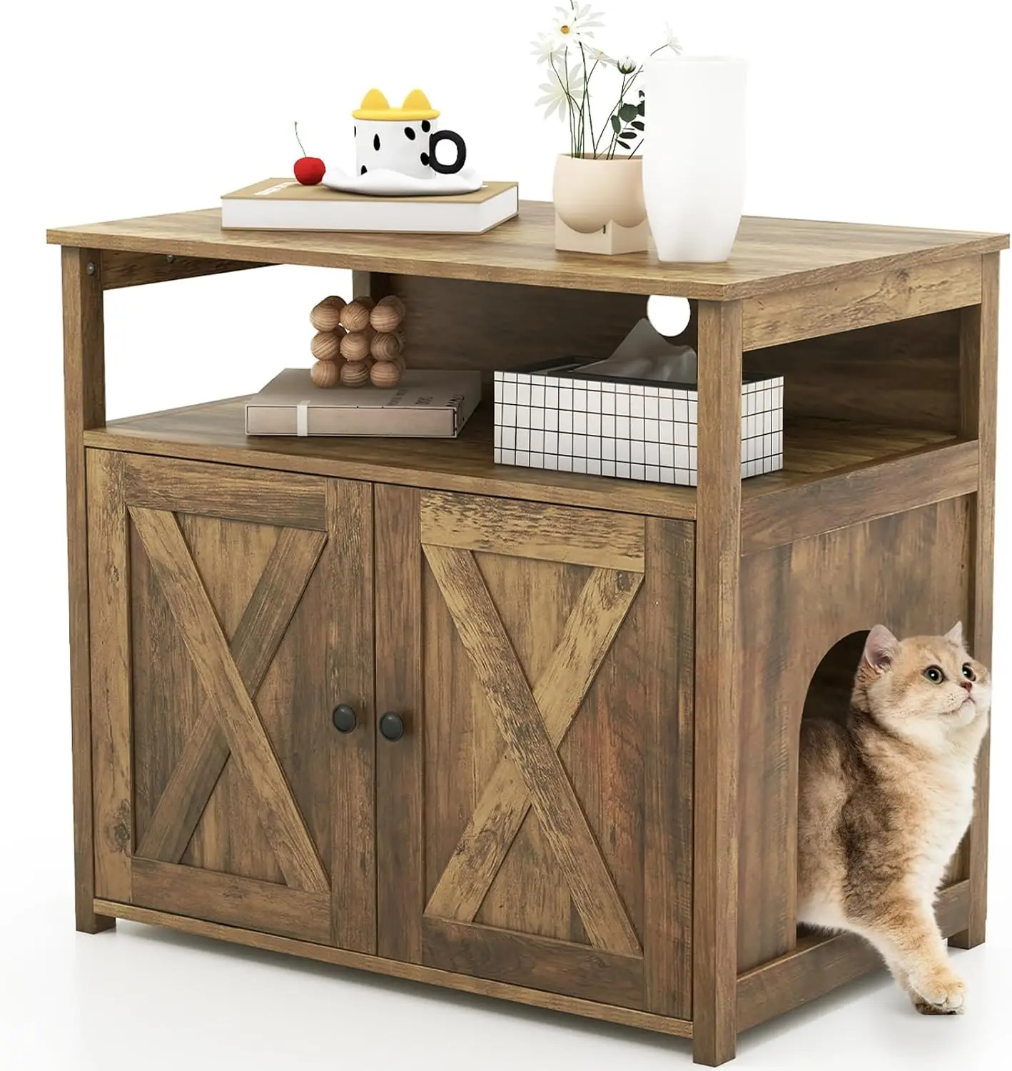 Cat Litter Box Enclosure - Litter Box Hidden Furniture with Barn Door, Inner Divider, Side Entry, Storage Shelf,
Cat Litter Box Enclosure - Litter Box Hidden Furniture with Barn Door, Inner Divider, Side Entry, Storage Shelf,