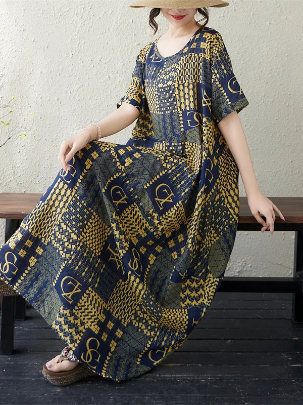 Summer Vintage Loose Fit round Neck Silklike Cotton Linen Long Dress Korean Print Travel Casual Women's High Waist Gown
Summer Vintage Loose Fit round Neck Silklike Cotton Linen Long Dress Korean Print Travel Casual Women's High Waist Gown