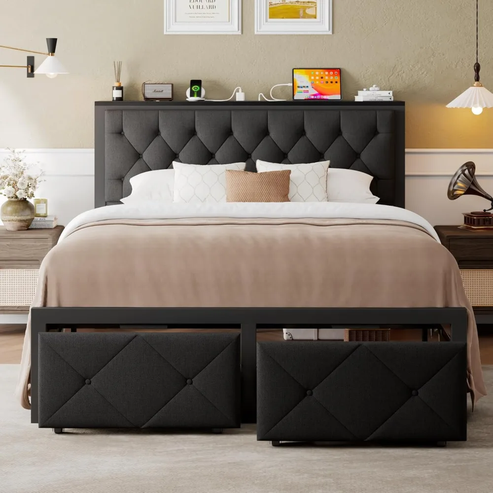 Queen Bed Frame with 2 Storage Drawers, Metal Platform Bed with Charging Station, Upholstered Button Tufted Storage Headboard, N
Queen Bed Frame with 2 Storage Drawers, Metal Platform Bed with Charging Station, Upholstered Button Tufted Storage Headboard, N