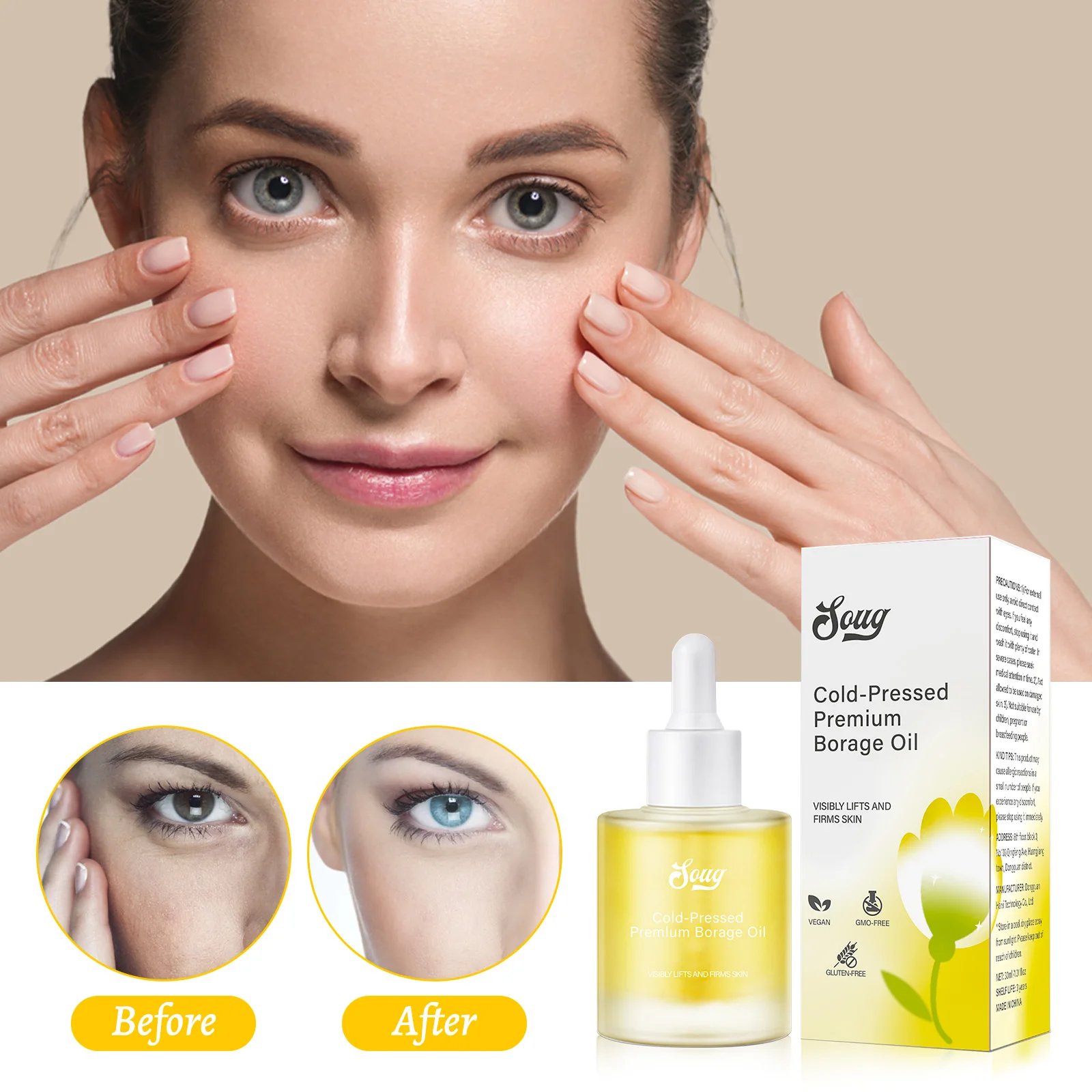 30ml Cold-Pressed Borage Facial Care Oil for Lifts & Firms Skin, Smooths Wrinkles Repairing Facial Essential Oil
30ml Cold-Pressed Borage Facial Care Oil for Lifts & Firms Skin, Smooths Wrinkles Repairing Facial Essential Oil