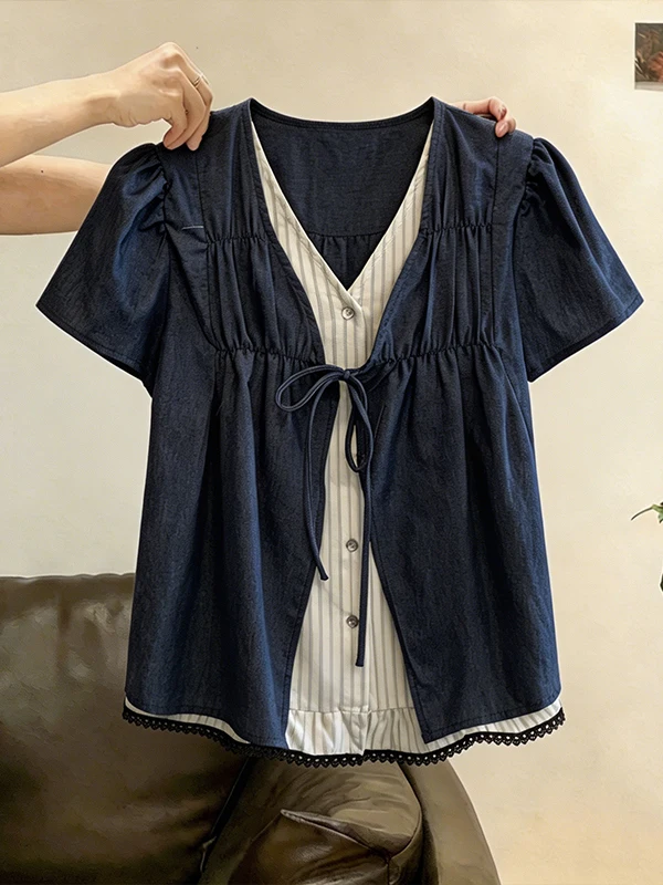 plus Size Contrast Color V-Neck Denim Patchwork Shirt Women's Summer New Style Slimming Versatile Top Korean Commute Style
plus Size Contrast Color V-Neck Denim Patchwork Shirt Women's Summer New Style Slimming Versatile Top Korean Commute Style