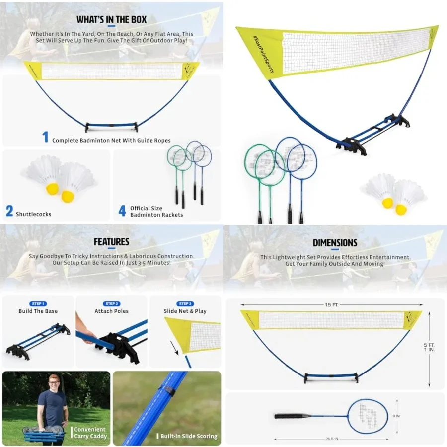 EastPoint Easy Setup Badminton Set - 15 Feet Net, 4 Rackets, 2 Shuttlecocks - Quick Setup Net for Backyard Games - Steel Shaft
EastPoint Easy Setup Badminton Set - 15 Feet Net, 4 Rackets, 2 Shuttlecocks - Quick Setup Net for Backyard Games - Steel Shaft