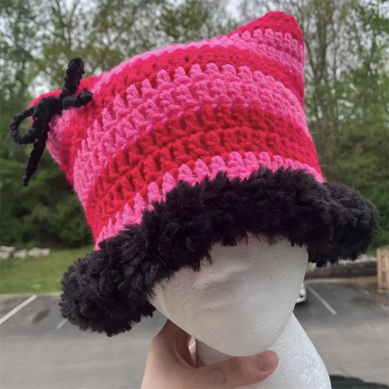 Cute cartoon Funny cat ears hat women girls black bow decoration Striped hat Hairy edge decoration Handmade crocheted warm hat
Cute cartoon Funny cat ears hat women girls black bow decoration Striped hat Hairy edge decoration Handmade crocheted warm hat