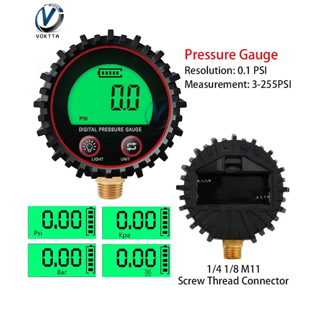 Digital Pressure Gauge LCD Backlight Car Tire Air Pressure Inflator Gauge 1/4 1/8 255PSI Screw Thread Connector Pressure Tester