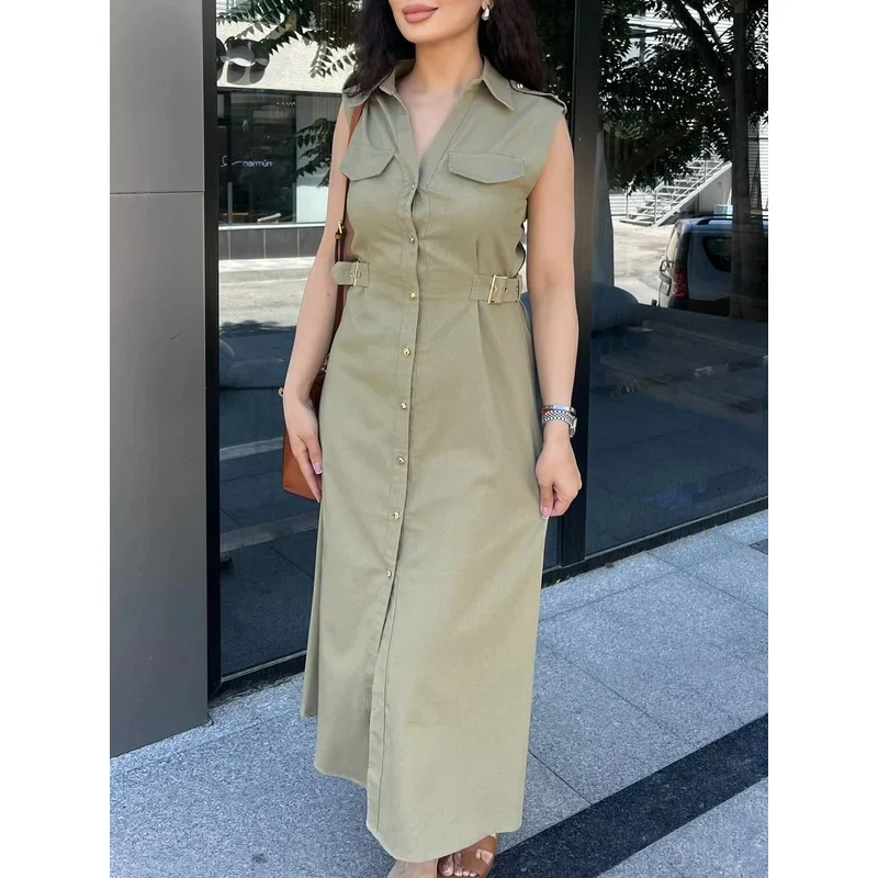 Women's Vintage Linen Sleeveless Midi Dress Casual Lapel Single Breasted Comfortable 2025 Fashion with Belt Decoration
Women's Vintage Linen Sleeveless Midi Dress Casual Lapel Single Breasted Comfortable 2025 Fashion with Belt Decoration