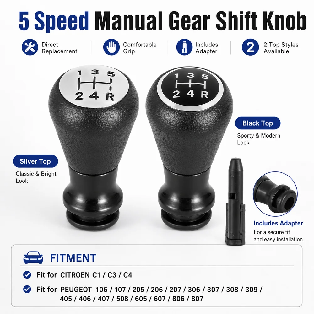 5 Speed Gear Shift Knob With Adapter Sleeve For Peugeot 106 206 207 307 308 406 Citroen C1 C3 C4 Manual Chrome Shifter Lever Kit
5 Speed Gear Shift Knob With Adapter Sleeve For Peugeot 106 206 207 307 308 406 Citroen C1 C3 C4 Manual Chrome Shifter Lever Kit