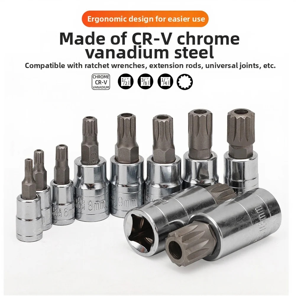 10-Piece Star Socket Set for CR-V Built from Chrome Vanadium Steel with Three Drive Options for Mechanical Applications
10-Piece Star Socket Set for CR-V Built from Chrome Vanadium Steel with Three Drive Options for Mechanical Applications
