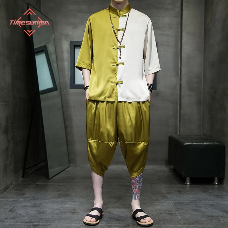 Summer Ice Silk Set Chinese-style Fashionable Color-blocked Short-sleeved Shirt and Comfortable Wide Leg Shorts Suit
Summer Ice Silk Set Chinese-style Fashionable Color-blocked Short-sleeved Shirt and Comfortable Wide Leg Shorts Suit