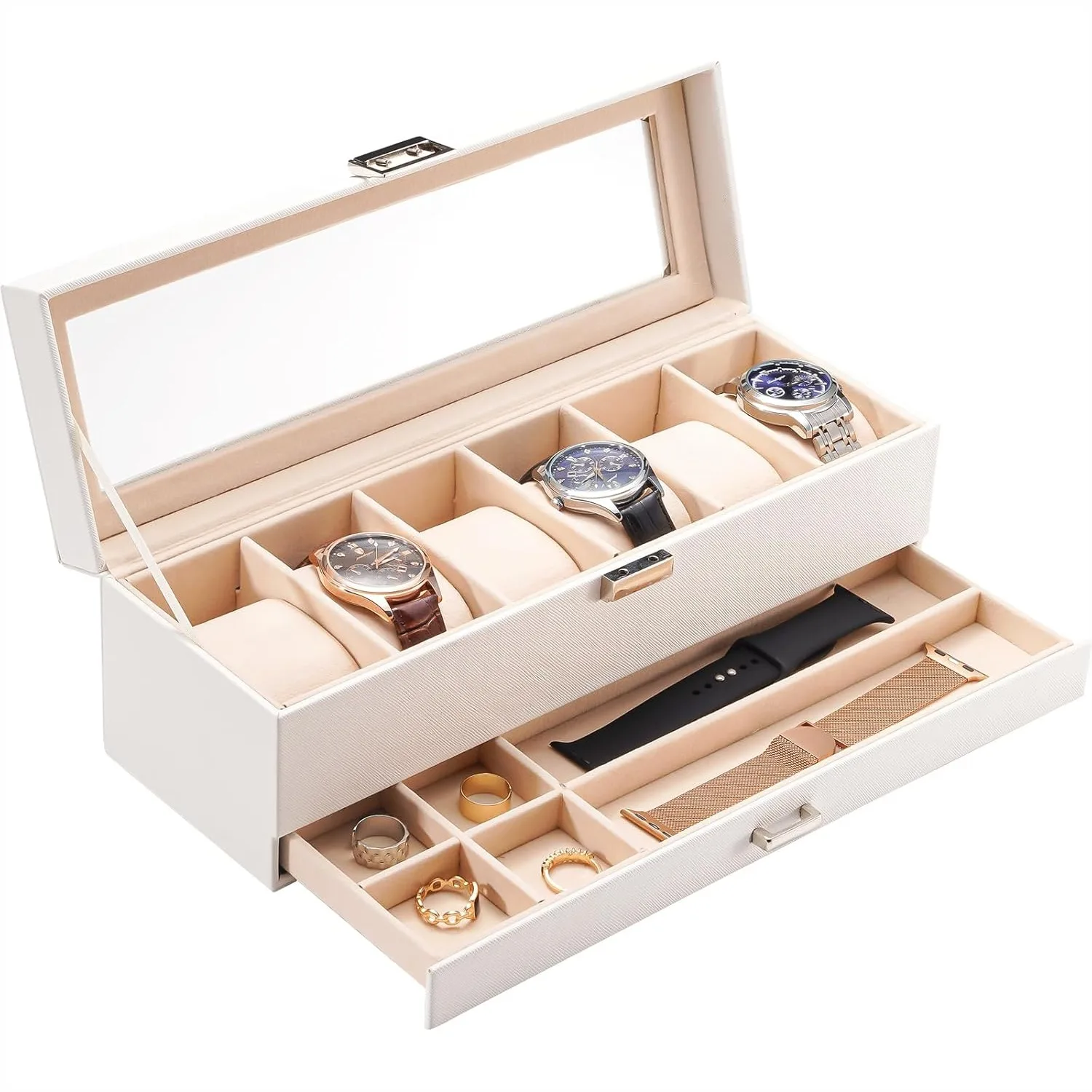 Watch Box with 6 Slots, Mens Watch Case with Glass Lid and Drawer, 2-Layer Jewelry Organizer Storage for Men
Watch Box with 6 Slots, Mens Watch Case with Glass Lid and Drawer, 2-Layer Jewelry Organizer Storage for Men