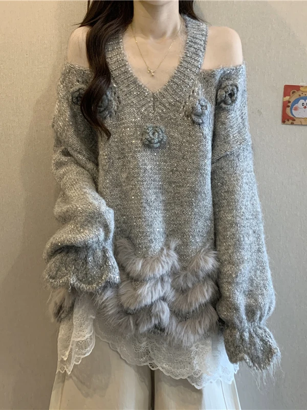 V-Neck Lace Splice Knitted Sweater Women's Shoulder Bared Mid-Length Casual Top Comfortable Soft Korean Style Long Sleeve
V-Neck Lace Splice Knitted Sweater Women's Shoulder Bared Mid-Length Casual Top Comfortable Soft Korean Style Long Sleeve