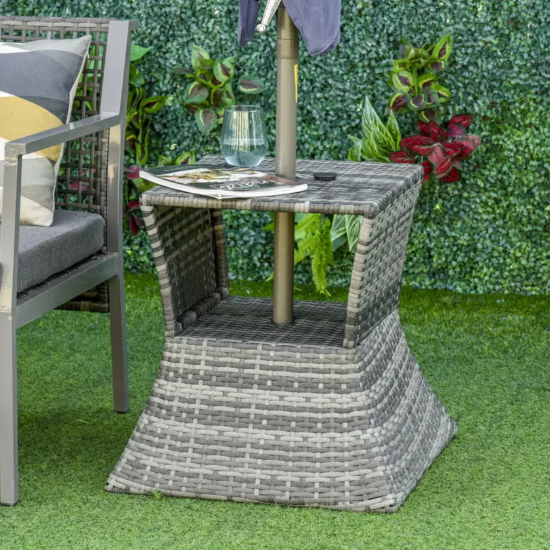 Outsunny Outdoor Side Table with Umbrella Hole, 2 Tier Rattan Wicker End Table with Storage Shelf, All Weather for Patio, Garden, Backyard, Mixed Gray
Outsunny Outdoor Side Table with Umbrella Hole, 2 Tier Rattan Wicker End Table with Storage Shelf, All Weather for Patio, Garden, Backyard, Mixed Gray