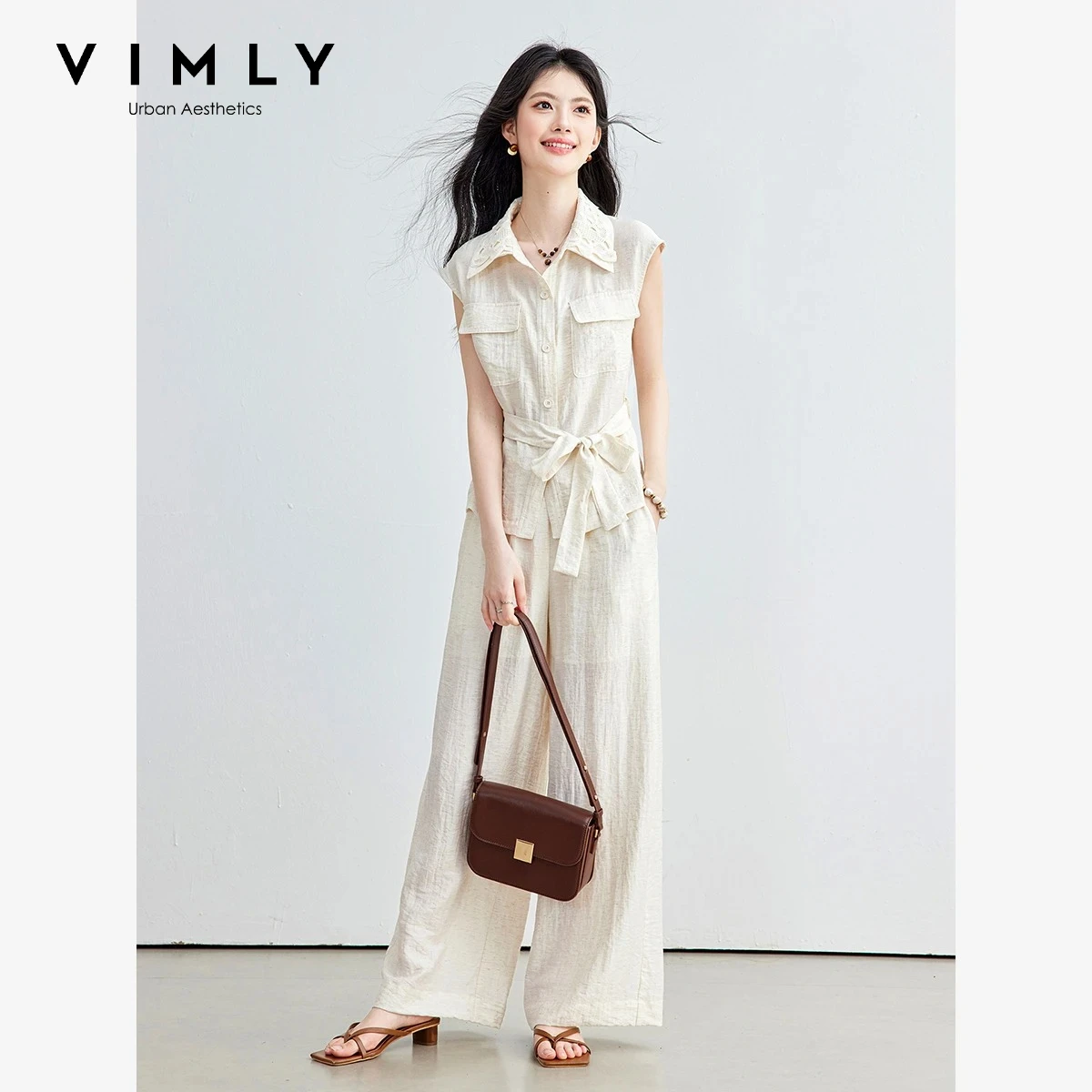 VIMLY Casual Office 2 Piece Set Lace Trim Lapel Collar Self Tie Belt Sleeveless Shirt Wide Leg Pants Summer Simple Outfit A6836
VIMLY Casual Office 2 Piece Set Lace Trim Lapel Collar Self Tie Belt Sleeveless Shirt Wide Leg Pants Summer Simple Outfit A6836