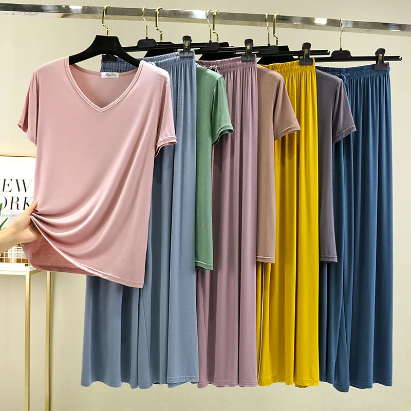 Summer Pajamas Set Solid Color Women 2 Piece Set Outfit Loose Pyjamas Modal Pijama Feminino Plus Size Homewear Trousers Sets
Summer Pajamas Set Solid Color Women 2 Piece Set Outfit Loose Pyjamas Modal Pijama Feminino Plus Size Homewear Trousers Sets