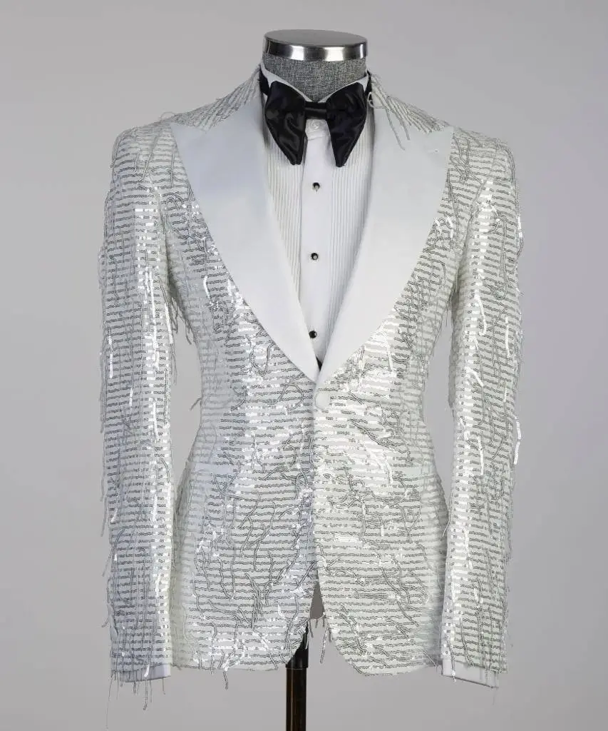 White Sequin Men Suit Set 2 Pieces Blazer+Black Pant Trousers Customized Formal Office Jacket Prom Groom Wedding Tuxedos Coat
White Sequin Men Suit Set 2 Pieces Blazer+Black Pant Trousers Customized Formal Office Jacket Prom Groom Wedding Tuxedos Coat