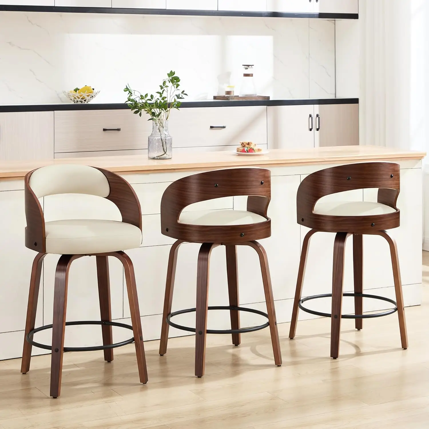 26in Swivel Bar Stools Set 3 Faux Leather Counter Height Back Bentwood Leg Footrest Kitchen Beige, Customized
26in Swivel Bar Stools Set 3 Faux Leather Counter Height Back Bentwood Leg Footrest Kitchen Beige, Customized