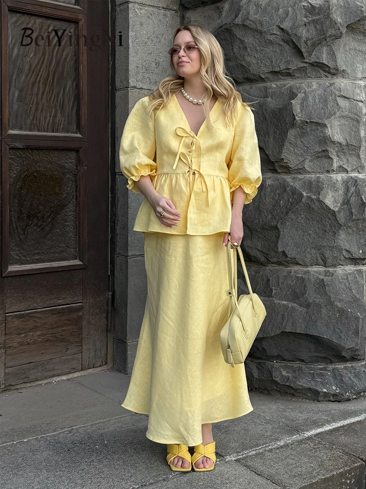 Beiyingni Women's V-neck Shirt Long Skirts Sets Yellow Elegant Lace-up Summer Ruffles Tops Matching Sets Ladies French Casual
Beiyingni Women's V-neck Shirt Long Skirts Sets Yellow Elegant Lace-up Summer Ruffles Tops Matching Sets Ladies French Casual
