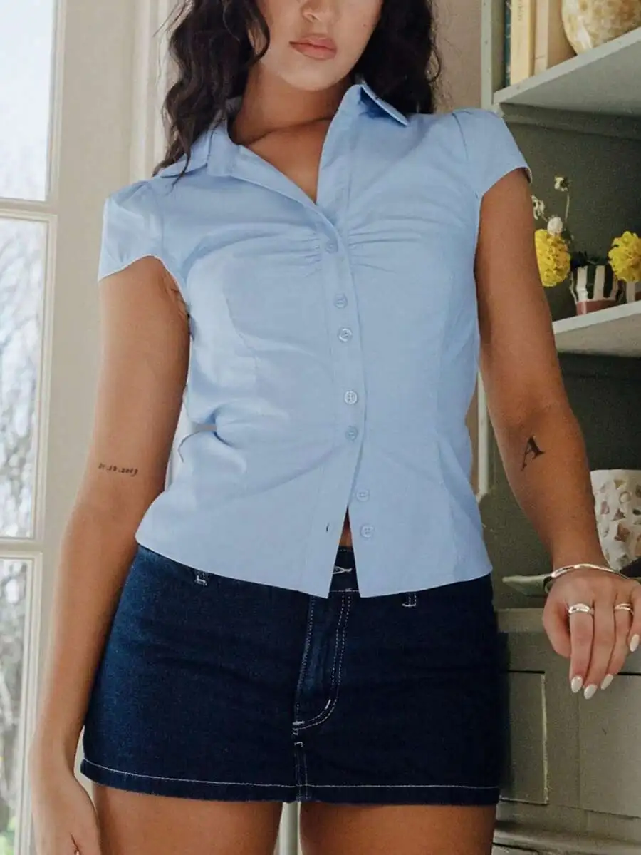 Women Cap Sleeve Button Down Shirt With Tie Back Ruched Front Casual Summer Top
Women Cap Sleeve Button Down Shirt With Tie Back Ruched Front Casual Summer Top