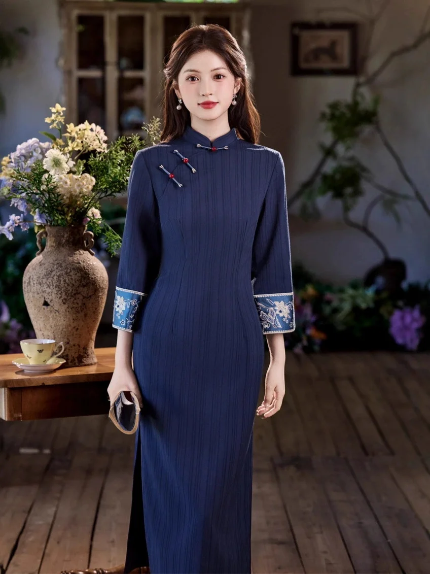 Китайское платье Ципао, винтажное платье Cheongsam в темно-синюю полоску, сексуальные улучшенные китайские платья, женское платье Ципао, вечернее платье 
Китайское платье Ципао, винтажное платье Cheongsam в темно-синюю полоску, сексуальные улучшенные китайские платья, женское платье Ципао, вечернее платье