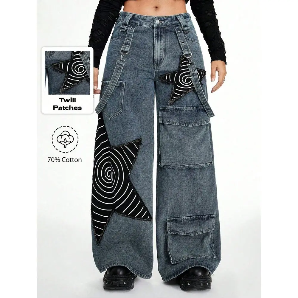 Grunge Punk Womens Punk Distressed Washed Star Patch Loose Cargo Wide Leg Pants
Grunge Punk Womens Punk Distressed Washed Star Patch Loose Cargo Wide Leg Pants