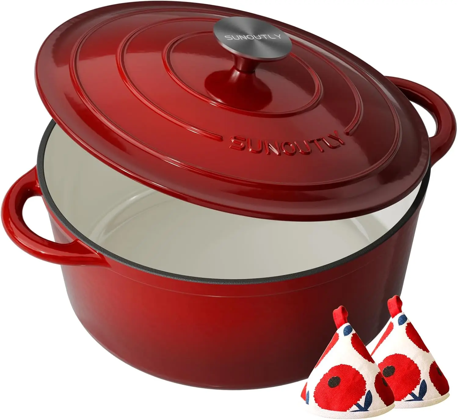6QT Enameled Cast Iron Dutch Oven, Heavy-Duty Pot with Lid & Potholders, Oven Safe to 500°F, for Braising, Stews, Roasting, Bread Baking, All Cooktops, Cherry Red
6QT Enameled Cast Iron Dutch Oven, Heavy-Duty Pot with Lid & Potholders, Oven Safe to 500°F, for Braising, Stews, Roasting, Bread Baking, All Cooktops, Cherry Red