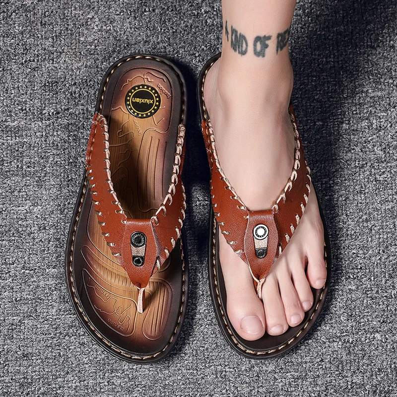 Brown Size 46 Summer trend flip-flops fashionable slippers Beach shoes Wear-resistant anti-slip men Genuine leather Sandals 
Brown Size 46 Summer trend flip-flops fashionable slippers Beach shoes Wear-resistant anti-slip men Genuine leather Sandals